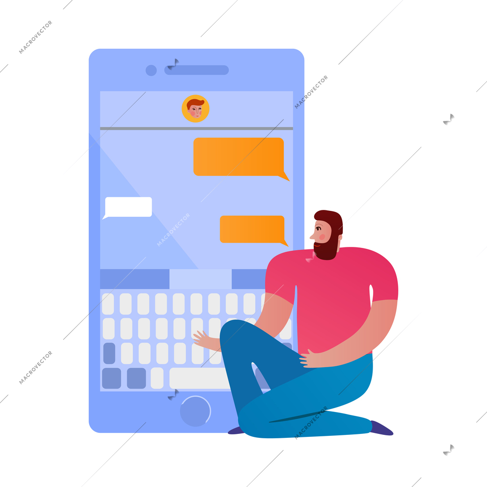 Phone interaction flat icon with man chatting online on smartphone vector illustration