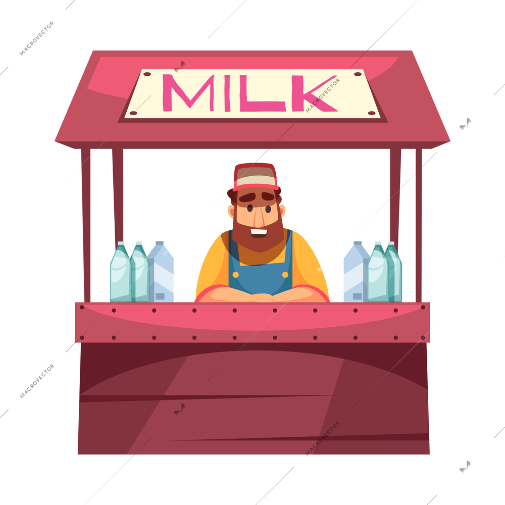 Milk market stall with smiling male vendor flat vector illustration