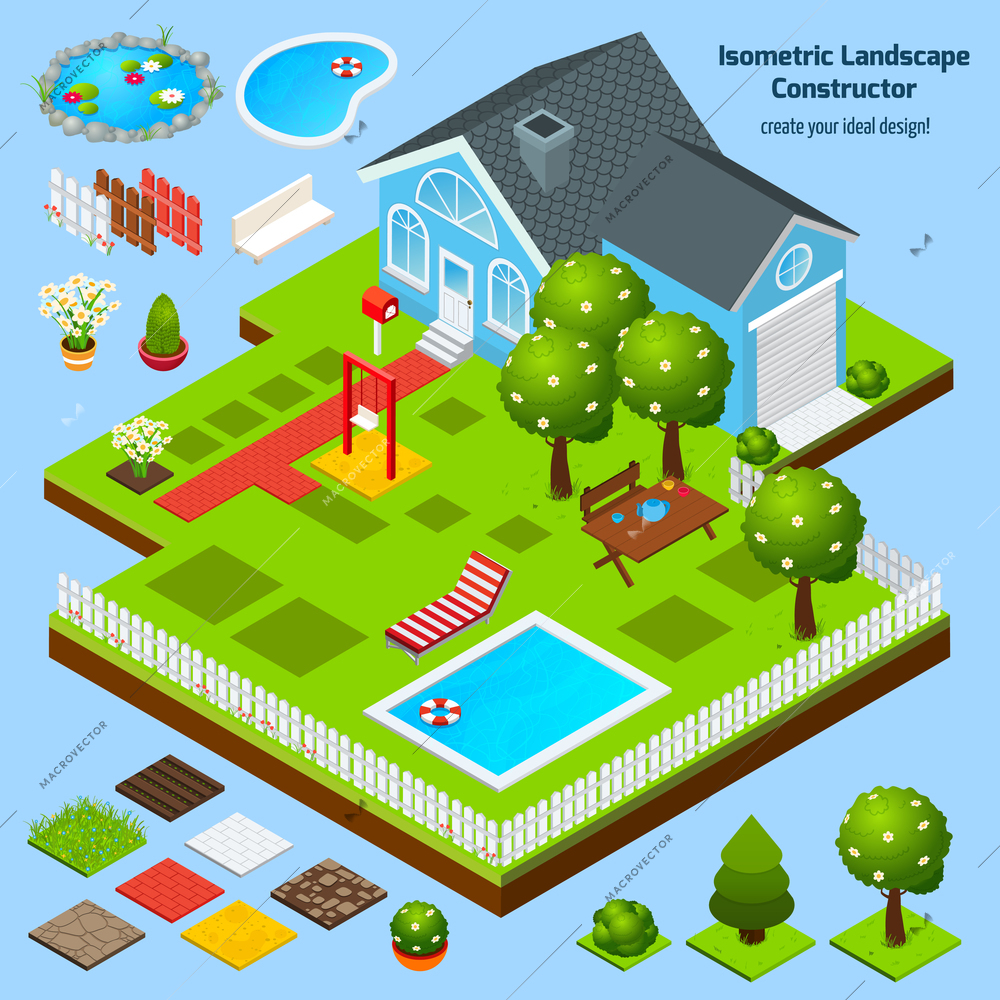 Landscape design isometric constructor with house garden and lawn architecture elements vector illustration