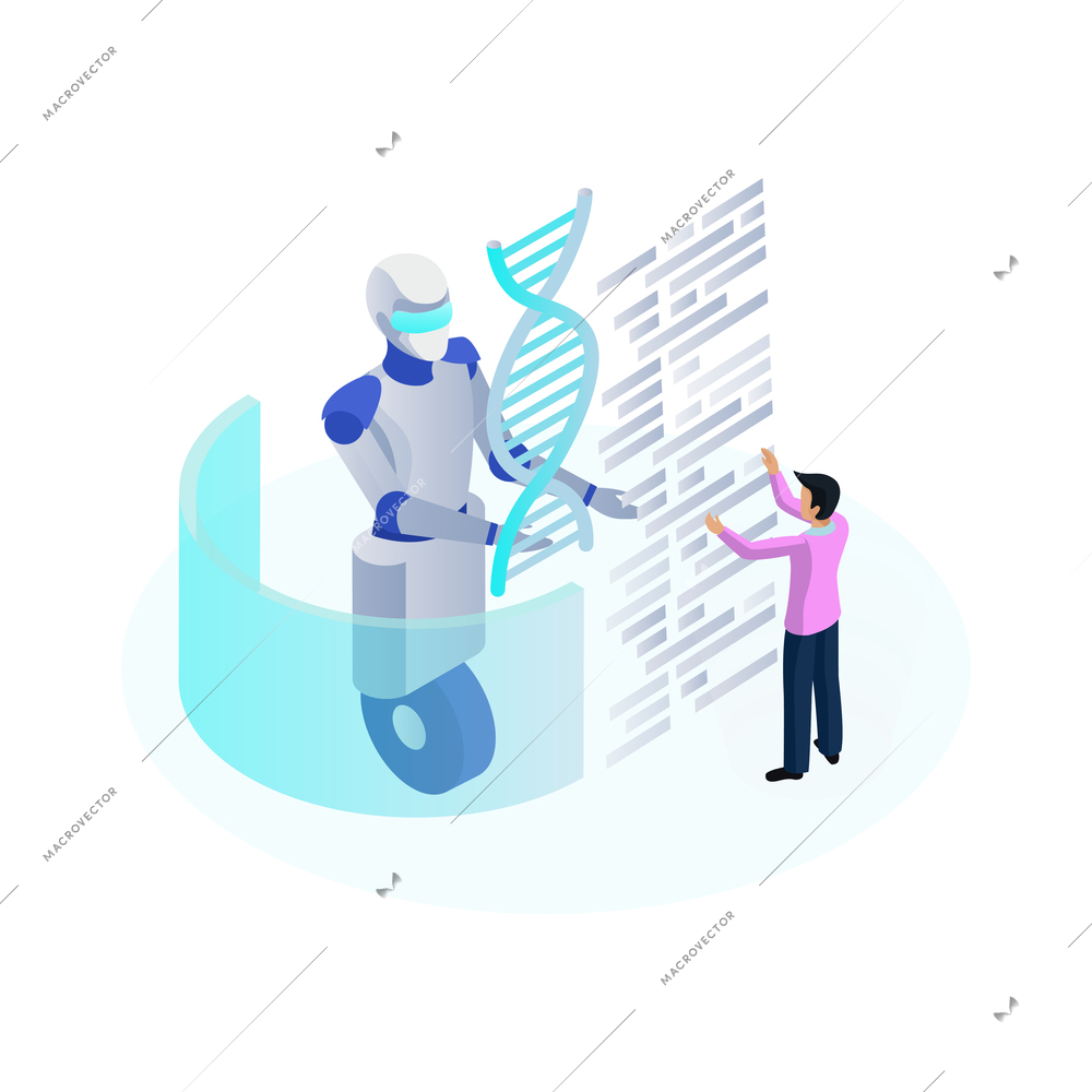 Nanotechnology artificial intelligence isometric icon with scientist using interactive screen 3d vector illustration