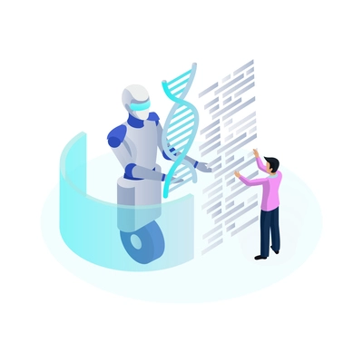 Nanotechnology artificial intelligence isometric icon with scientist using interactive screen 3d vector illustration