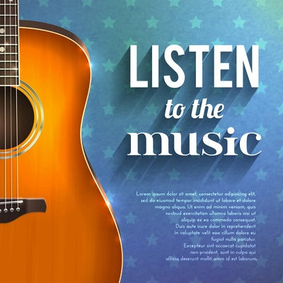 Realistic guitar on blue star background with listen to the music text vector illustration