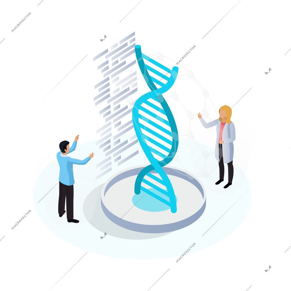 Nanotechnology isometric icon with scientists and dna structure 3d vector illustration