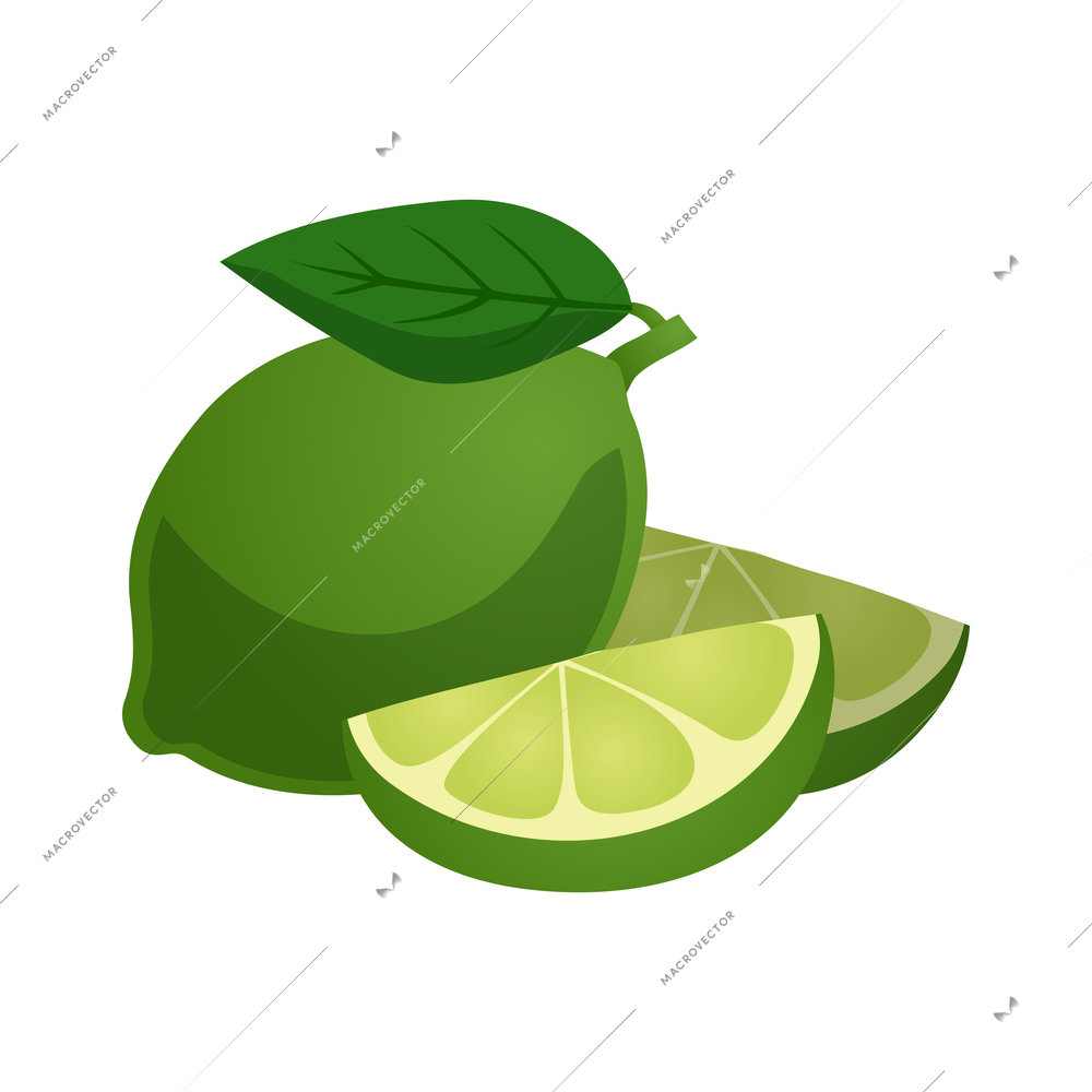 Cut and whole green lime with leaves flat vector illustration