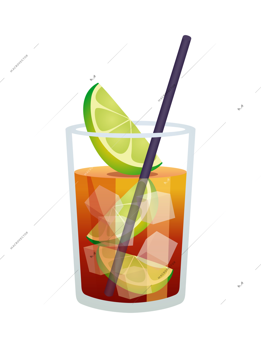 Rum cocktail with lime and straw in glass flat vector illustration