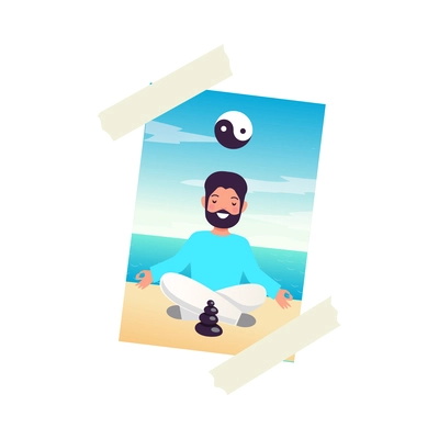 Dreams vision board travel photo with meditating man flat icon vector illustration