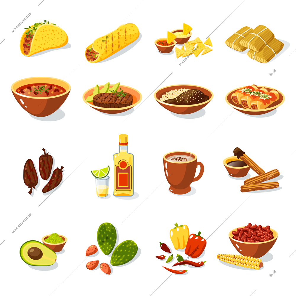 Mexican traditional food set with meat avocado tequila corn isolated vector illustration