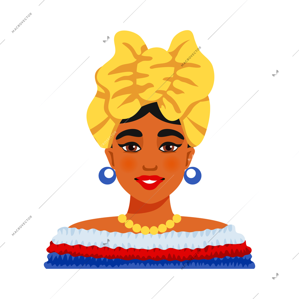 Flat portrait of smiling cuban woman wearing traditional costume vector illustration