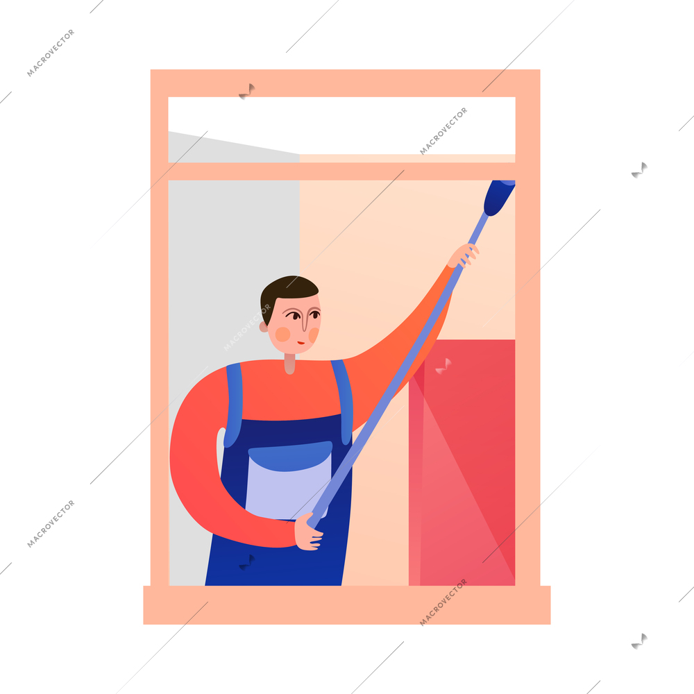 Flat view from neighbor window with male cleaner cleaning room vector illustration