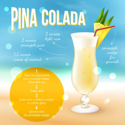 Pina colada cocktail recipe poster with drink in glass and indredients list vector illustration