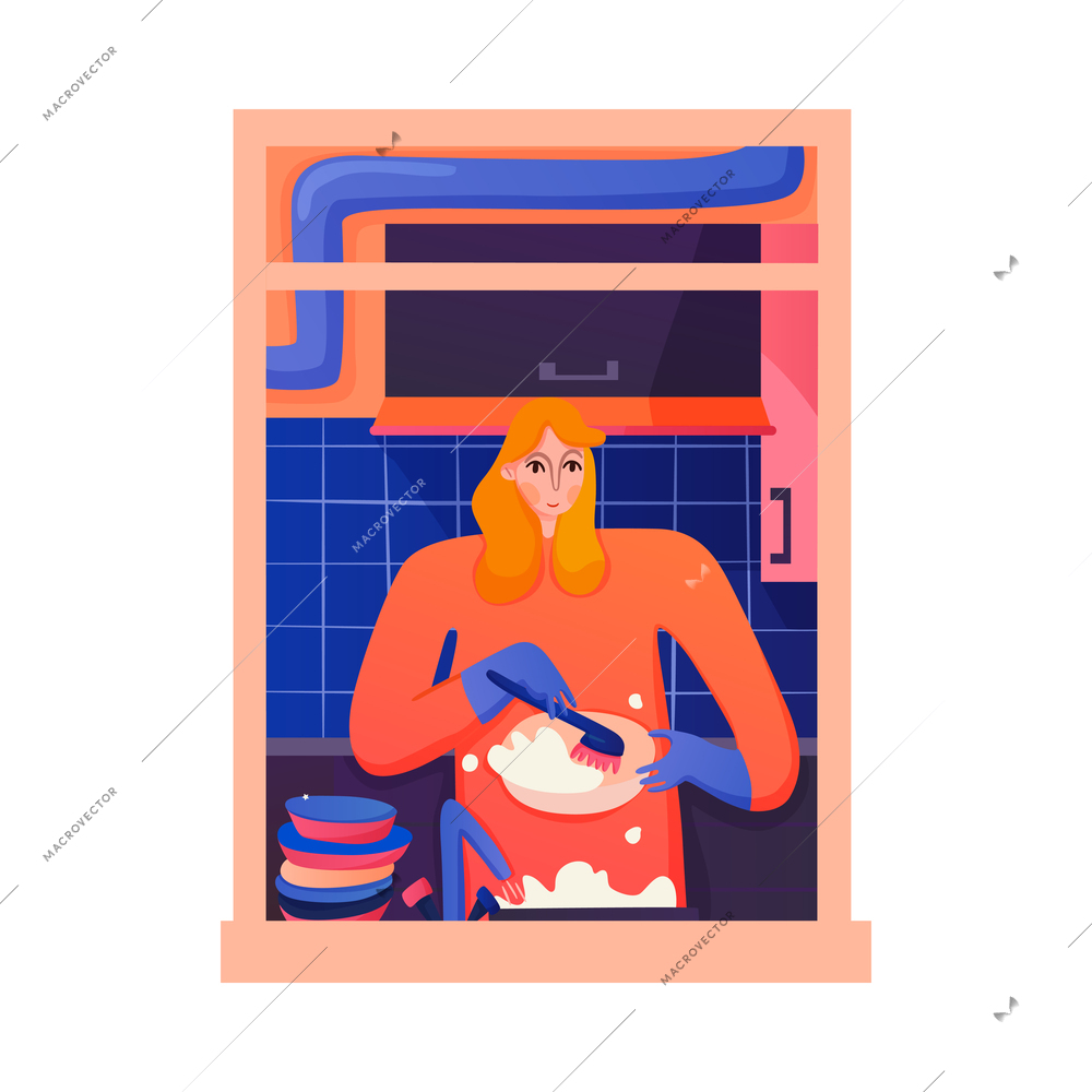 Woman neighbor washing dishes in apartment window flat vector illustration