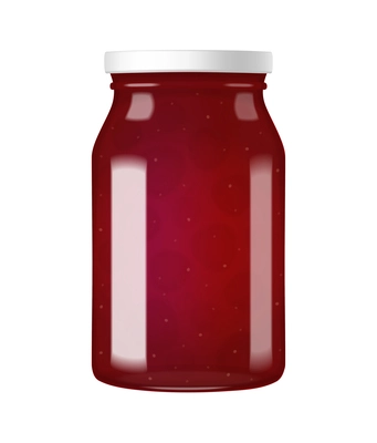 Realistic glass jar of red jam with white screw cap vector illustration