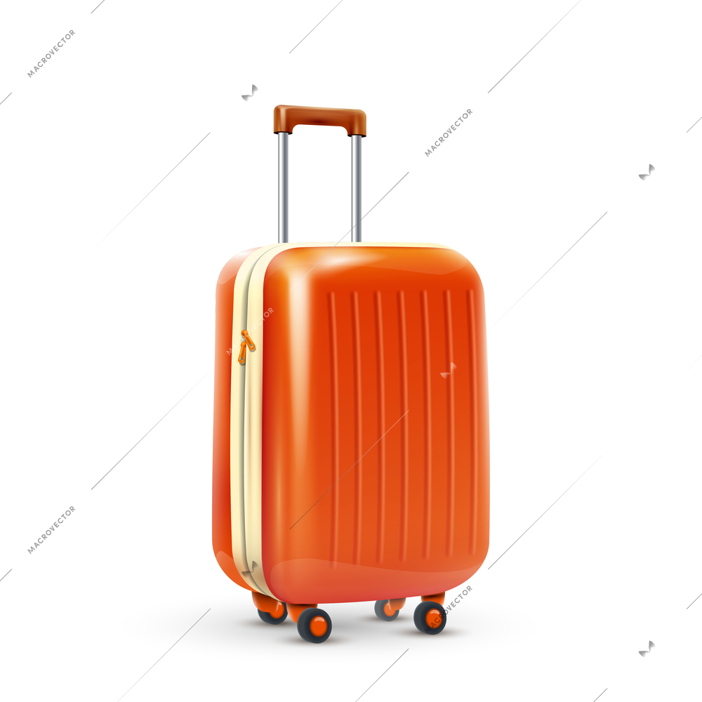 Orange travel plastic suitcase with wheels realistic on white background vector illustration