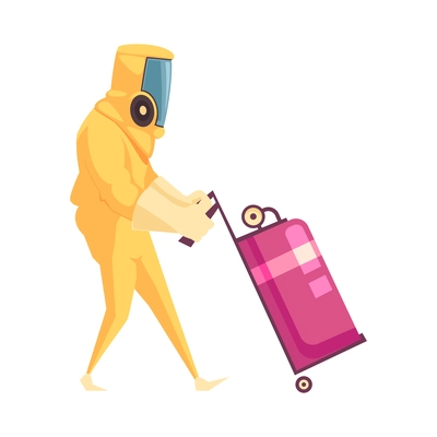 Pest control service worker in protective carrying disinfection equipment on trolley cartoon vector illustration