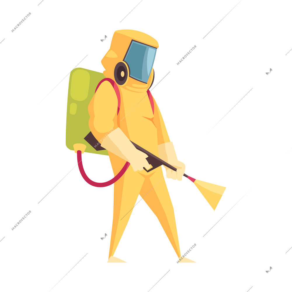 Cartoon pest control service specialist performing disinfection vector illustration