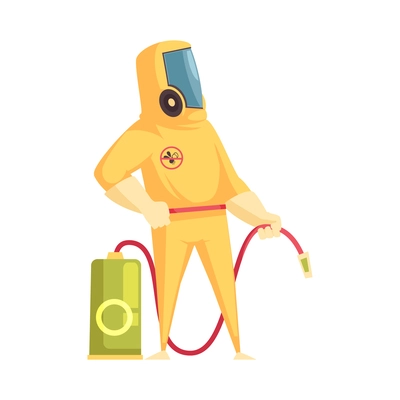Disinfector in yellow protective suit with insecticide spray cartoon vector illustration