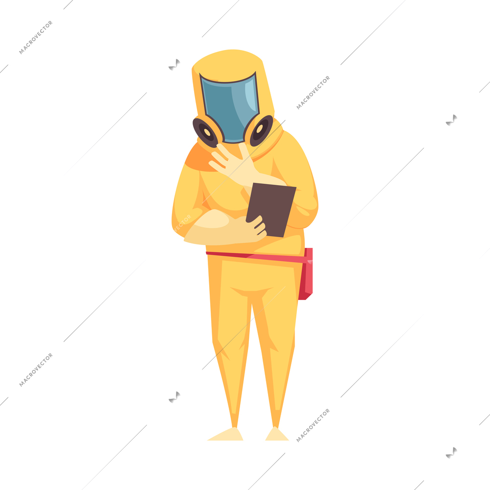 Flat cartoon pest control service specialist disinfector in protective suit vector illustration