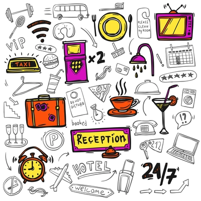 Hotel premium full service concept symbols of restaurant catering 24h tv facilities abstract doodle sketch  vector illustration