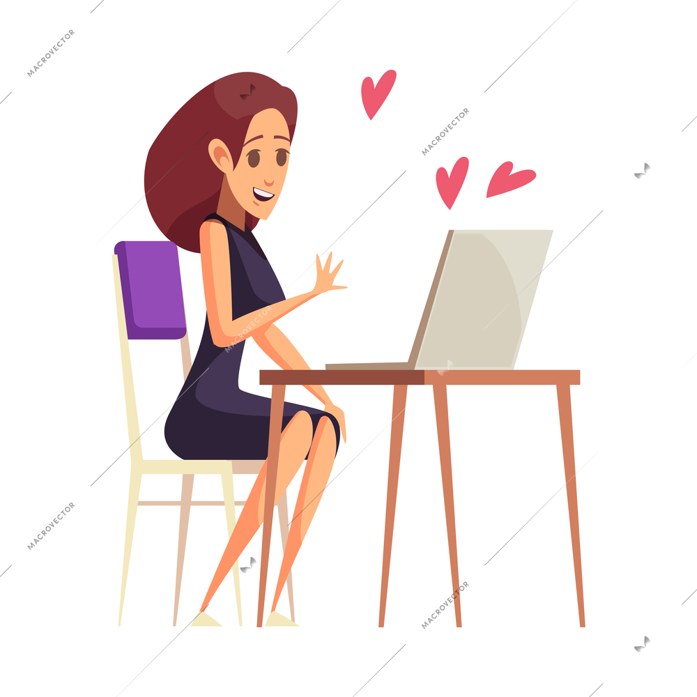 Virtual love flat icon with happy woman using dating website vector illustration