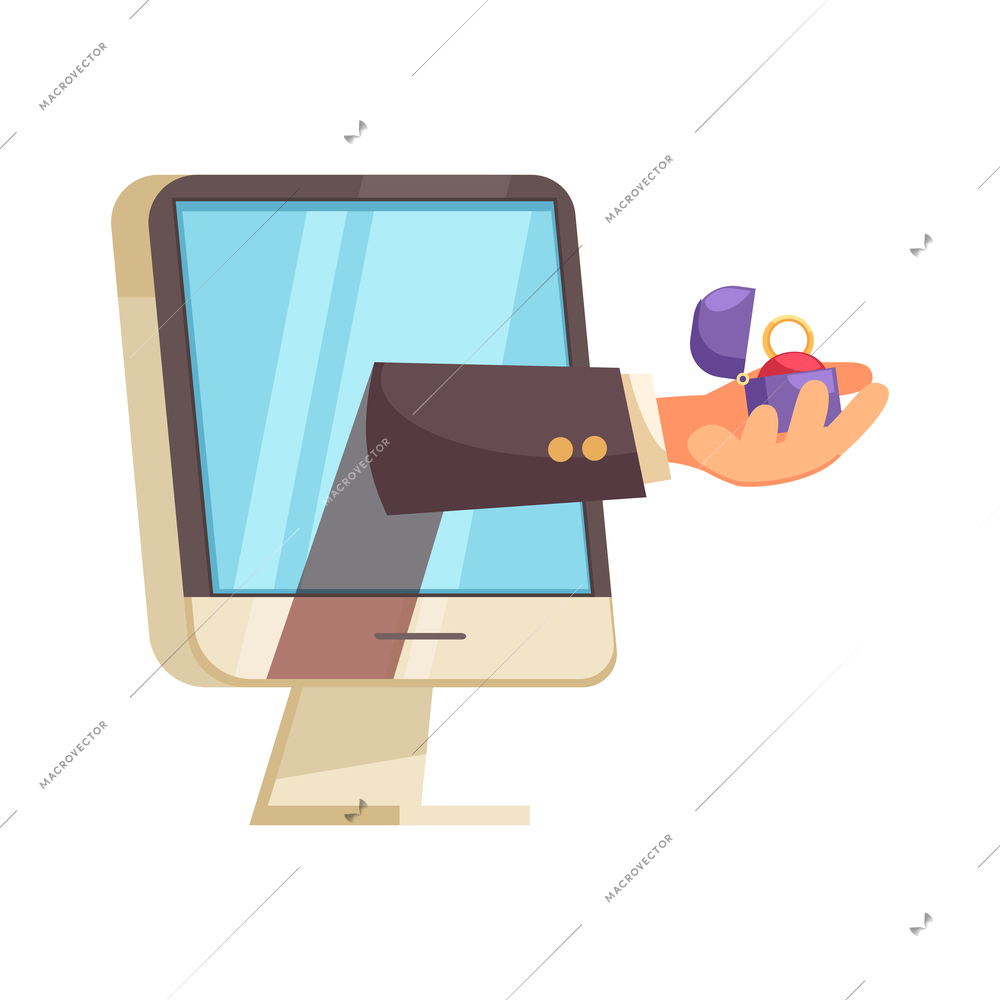 Virtual love dating website flat icon with engagement ring on male hand and computer monitor vector illustration