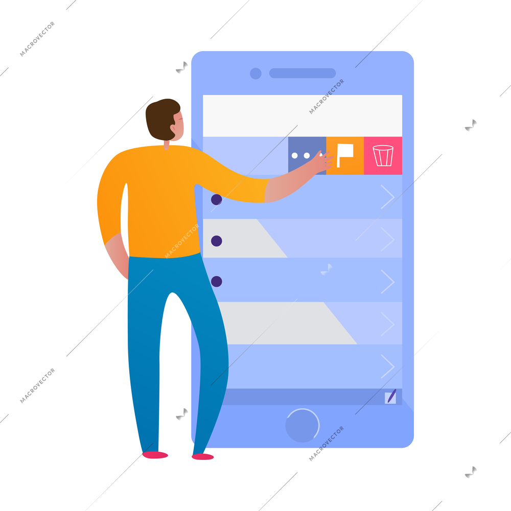 Phone interaction flat icon with human character using smartphone vector illustration