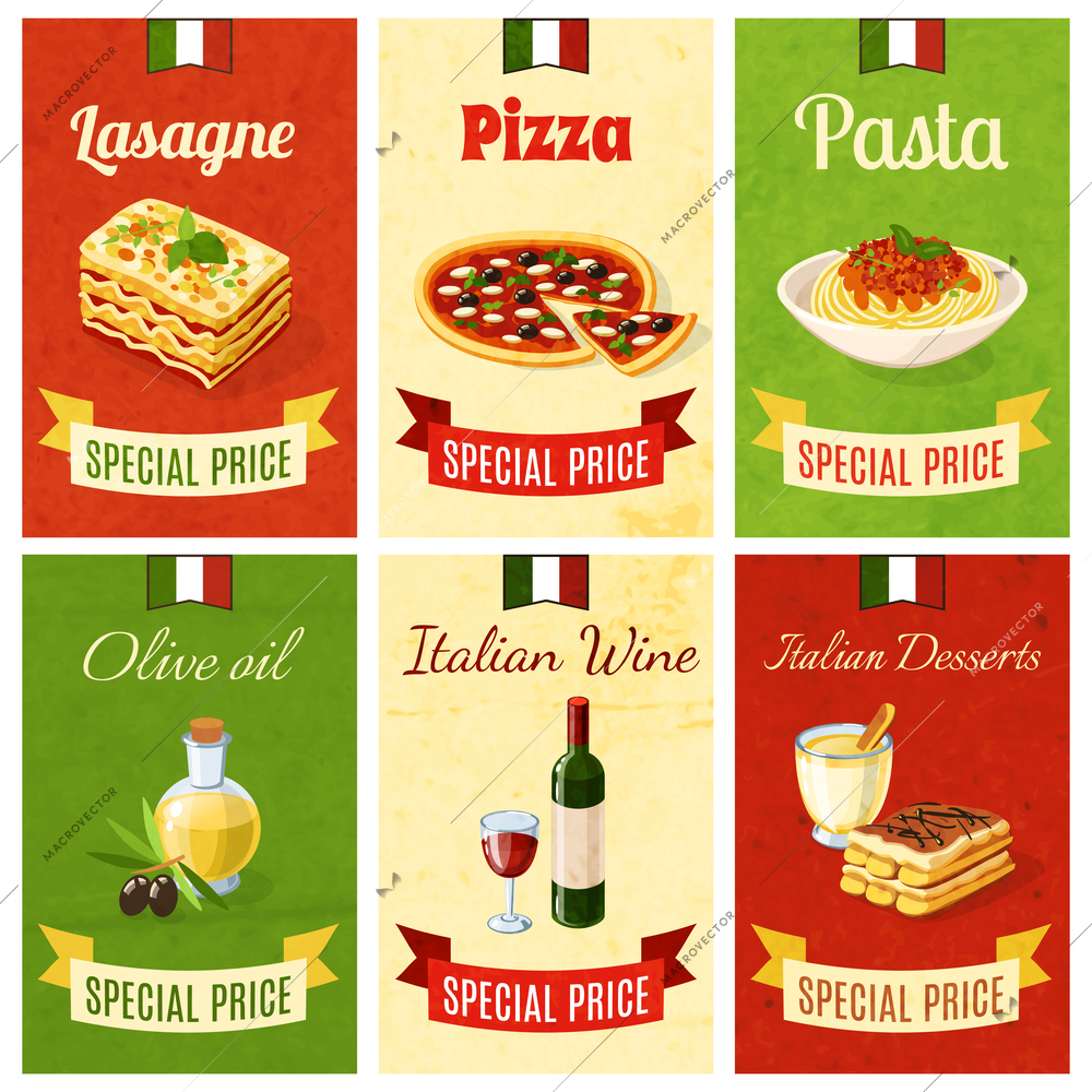 Italian food mini poster set wtih lasagne pizza pasta olive oil wine dessert isolated vector illustration