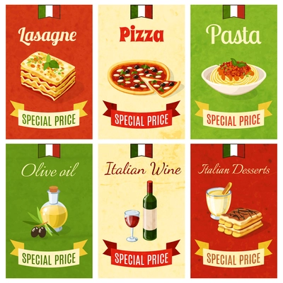 Italian food mini poster set wtih lasagne pizza pasta olive oil wine dessert isolated vector illustration