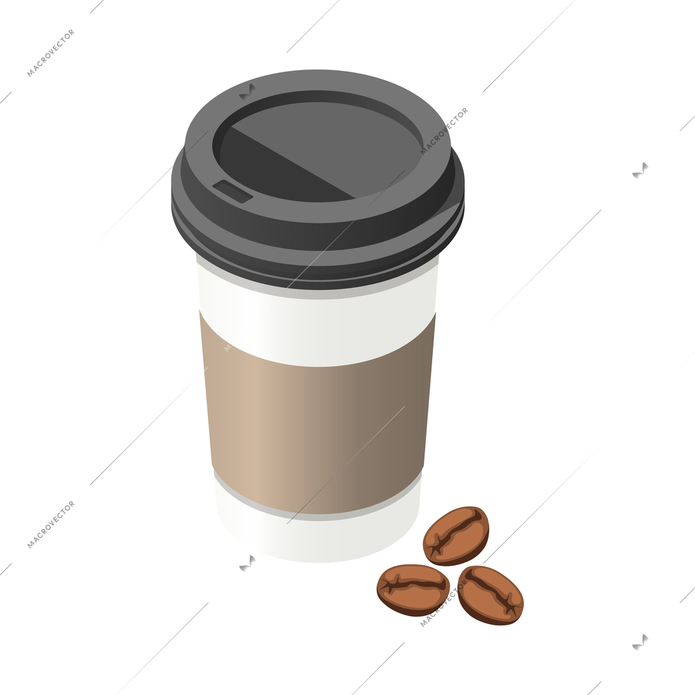 Isometric plastic coffee cup with beans vector illustration