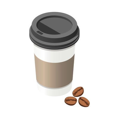 Isometric plastic coffee cup with beans vector illustration