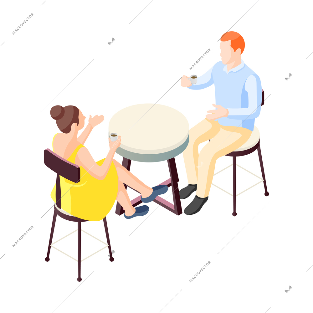 Two people communicating at cafe with cups of coffee 3d isometric vector illustration