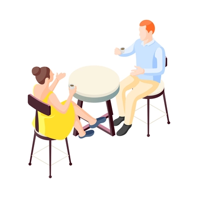 Two people communicating at cafe with cups of coffee 3d isometric vector illustration