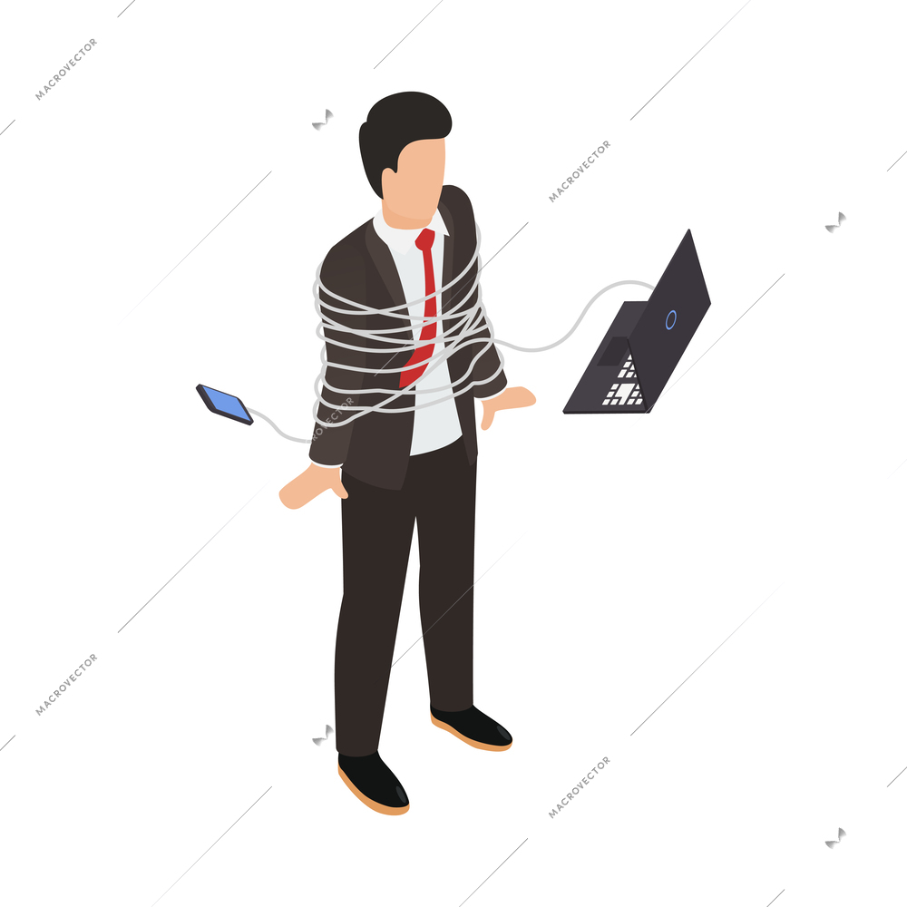 Internet smartphone gadget addiction isometric concept with person tied with phone and laptop wires vector illustration