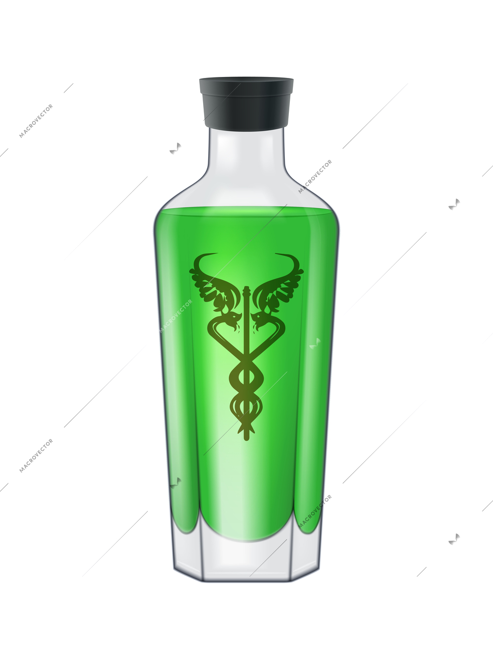 Glass bottle of poison with green label realistic vector illustration