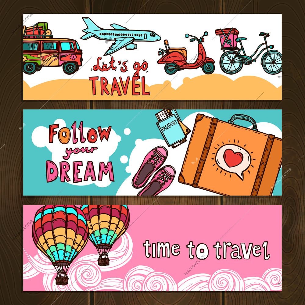Travel tourism and vacation hand drawn horizontal colored banners set isolated on wooden background vector illustration
