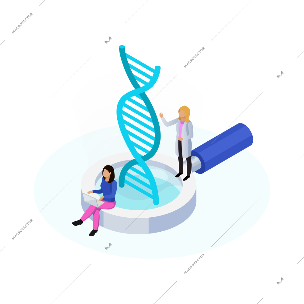 Isometric nanotechnology icon with dna structure magnifier and two tiny characters of scientists 3d vector illustration