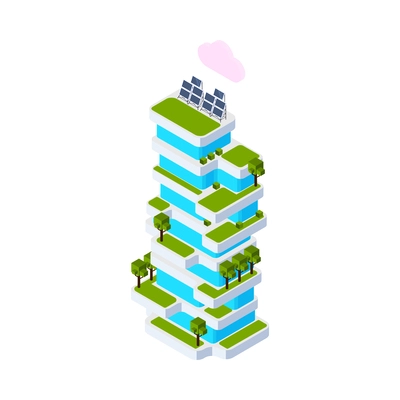 Smart city isometric icon with residential building with green plants and solar panels on roof 3d vector illustration