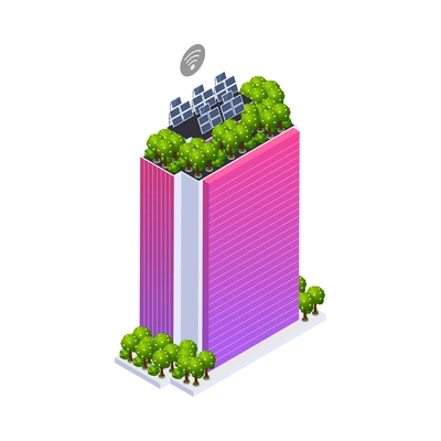 Smart city isometric icon with multistorey building with solar panels and green trees on roof 3d vector illustration