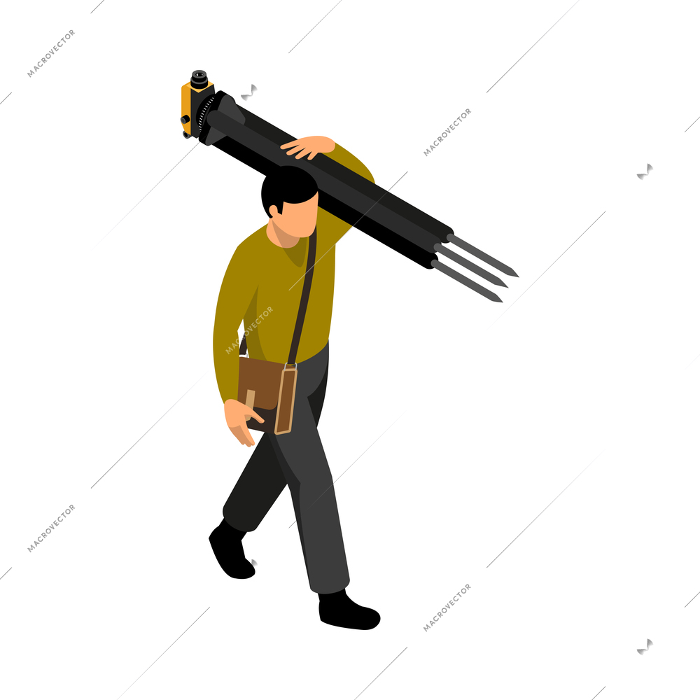 Isometric male geologist carrying theodolite on tripod 3d vector illustration