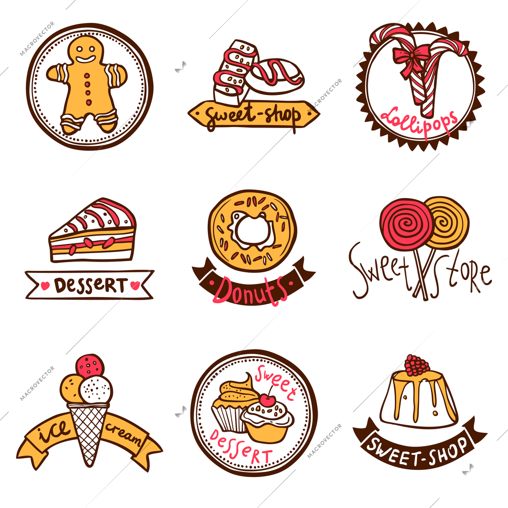 Sweetshop confectionary cake store donuts desserts symbols and ice-cream emblems labels  collection sketch abstract isolated vector illustration