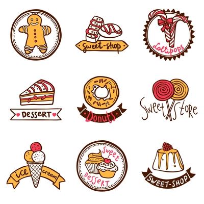 Sweetshop confectionary cake store donuts desserts symbols and ice-cream emblems labels  collection sketch abstract isolated vector illustration