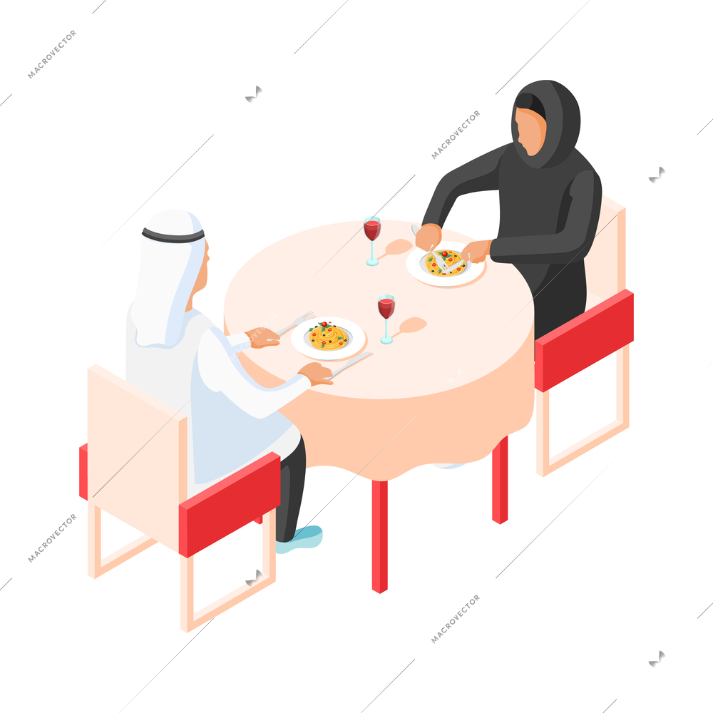 Isometric arabic family with wife and husband having lunch together 3d vector illustration