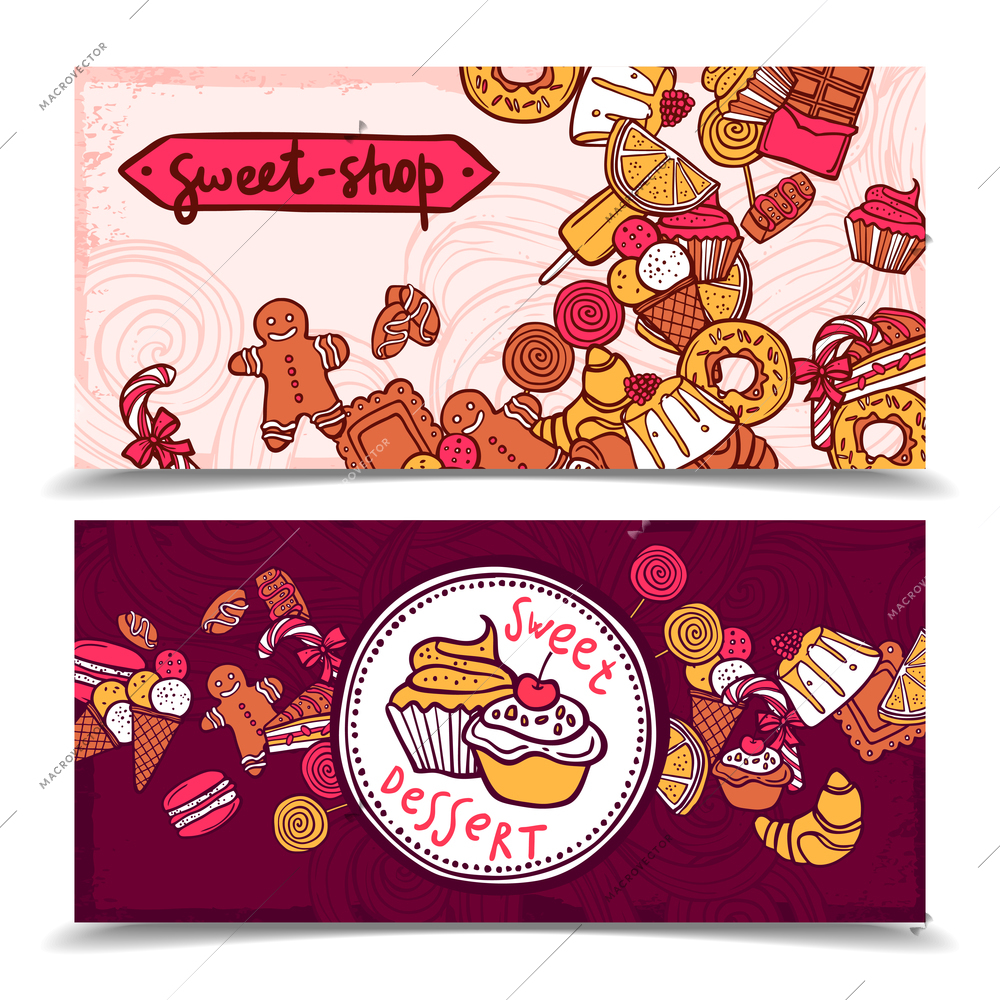 Sweetshop vintage chocolate cupcakes desserts confectionary store ginger boy cookies horizontal banners set abstract isolated vector illustration