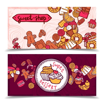 Sweetshop vintage chocolate cupcakes desserts confectionary store ginger boy cookies horizontal banners set abstract isolated vector illustration