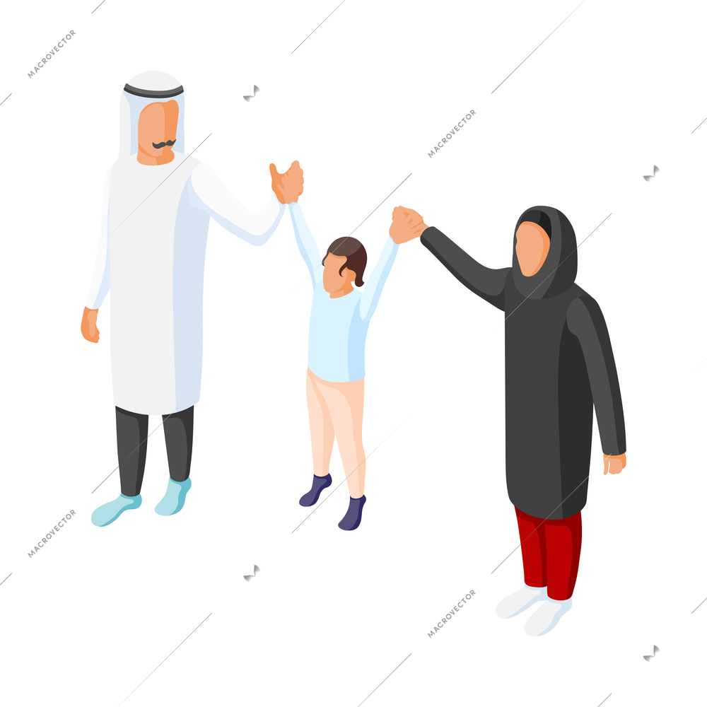 Isometric arabic family faceless characters with man woman and child 3d vector illustration