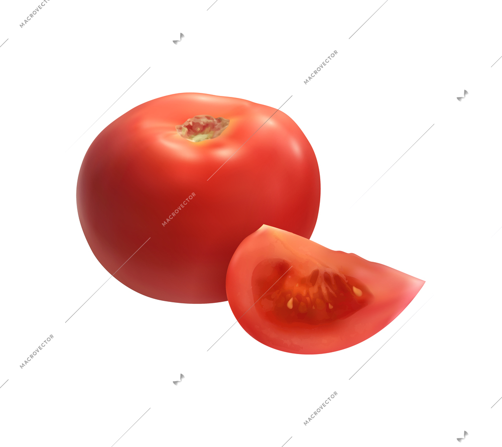 Realistic whole and cut red tomato on white background vector illustration