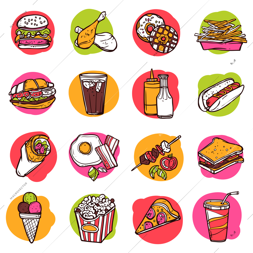 Fast junk food hand drawn decorative colored icon set isolated vector illustration