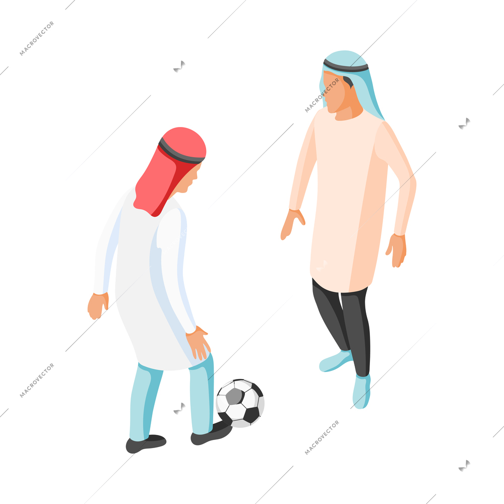 Isometric arabic teens playing football 3d vector illustration