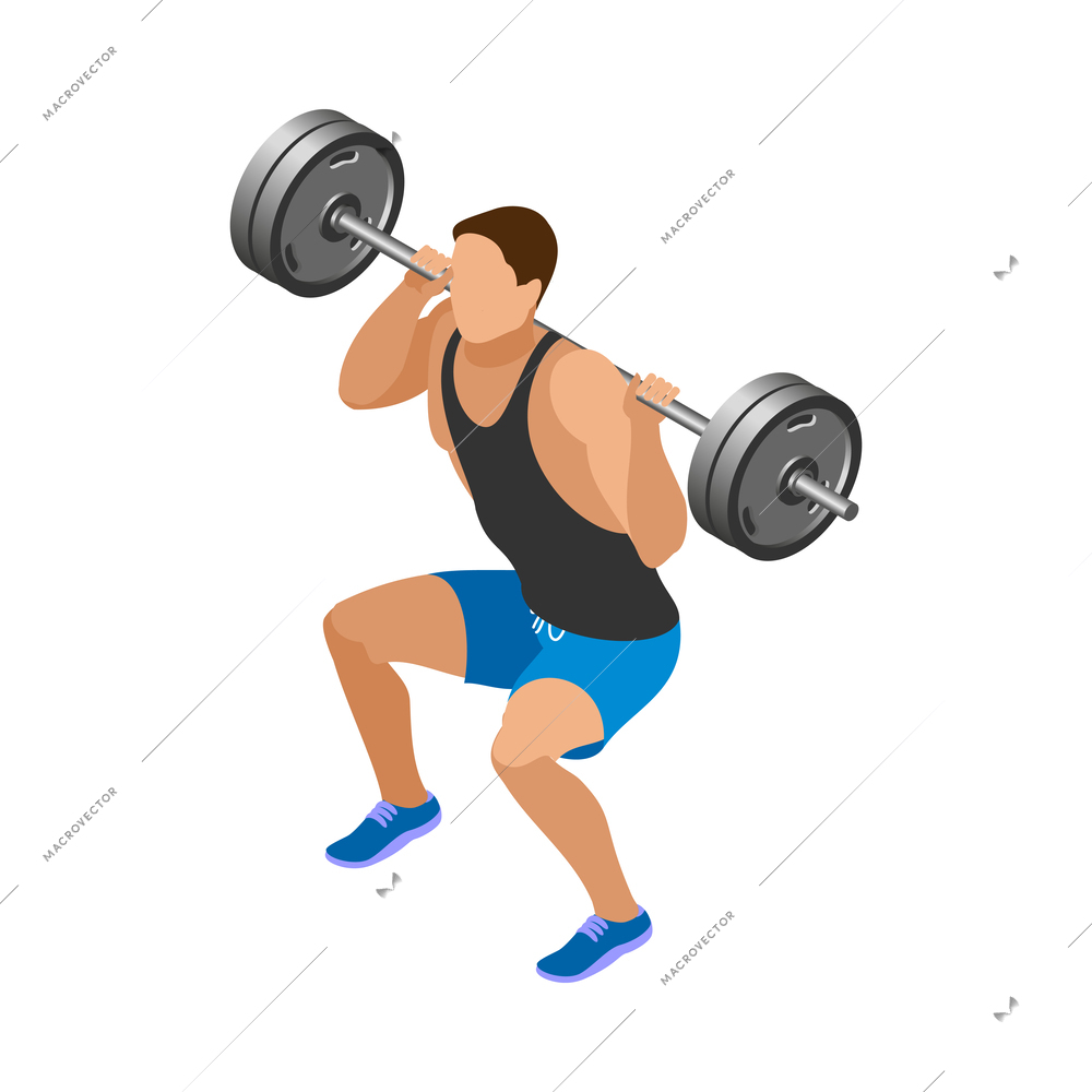 Body building isometric icon with male athlete doing squats with barbell 3d vector illustration