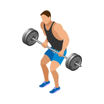 Body building isometric icon with man training with barbell 3d vector illustration
