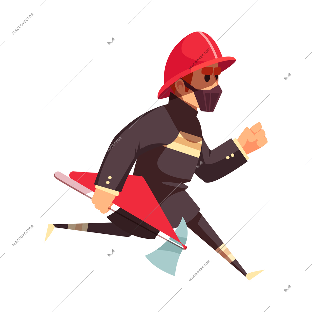 Male firefighter running with axe flat vector illustration